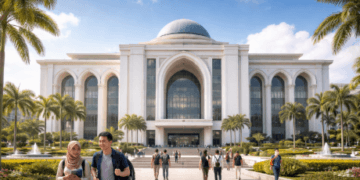 Foto gedung institusi pendidikan Kota Medan megah memancarkan aura sukses karir penuntut ilmu.