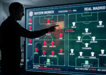 Papan taktik digital yang menunjukkan pergerakan pemain Bayern Munchen dalam membongkar pertahanan Real Madrid.