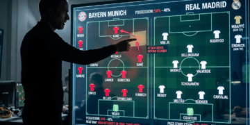 Papan taktik digital yang menunjukkan pergerakan pemain Bayern Munchen dalam membongkar pertahanan Real Madrid.