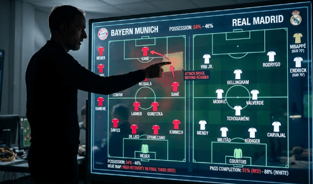 Papan taktik digital yang menunjukkan pergerakan pemain Bayern Munchen dalam membongkar pertahanan Real Madrid.