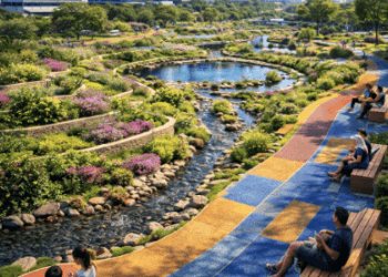 Desain lanskap Taman Spons Medan yang menggabungkan fungsi resapan air hujan dengan area rekreasi publik yang sangat asri.