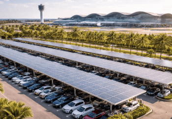 Area parkir luas dan aman di Bandara Kualanamu dengan sistem pengawasan 24 jam.