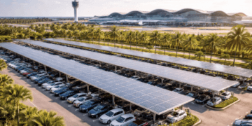 Area parkir luas dan aman di Bandara Kualanamu dengan sistem pengawasan 24 jam.