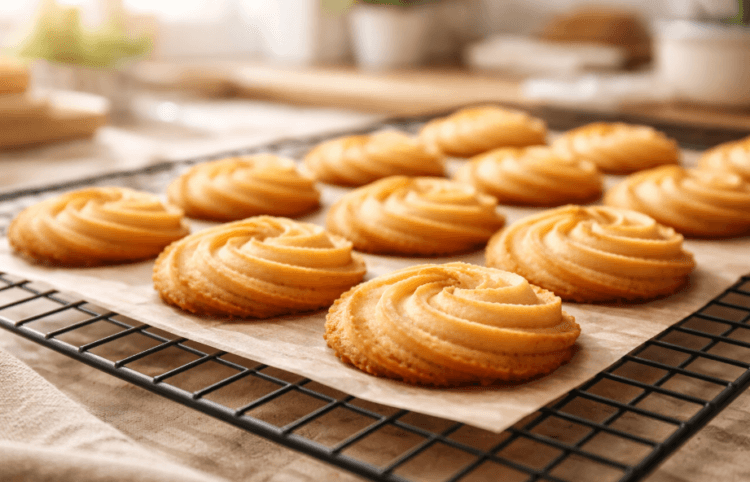 Penerapan teknik baking kue kering suhu rendah yang menghasilkan warna cokelat keemasan yang sempurna dan merata.