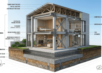 Memahami teknik membangun rumah tahan gempa melalui struktur pilar beton bertulang yang kuat dan fleksibel untuk meredam guncangan.