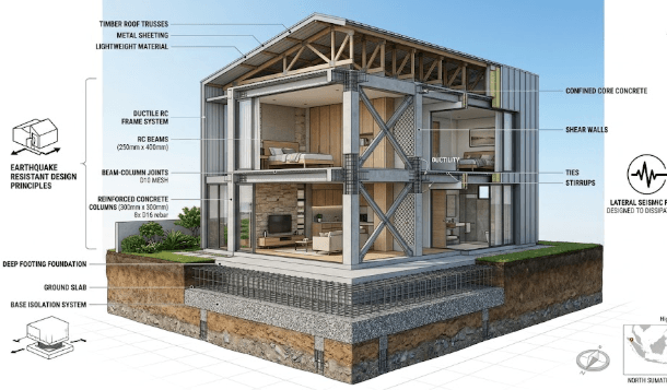 Memahami teknik membangun rumah tahan gempa melalui struktur pilar beton bertulang yang kuat dan fleksibel untuk meredam guncangan.
