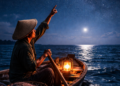 Seorang nelayan sedang menggunakan rasi bintang sebagai bagian dari teknik navigasi kampung nelayan saat malam hari.