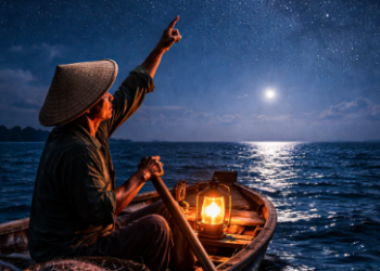 Seorang nelayan sedang menggunakan rasi bintang sebagai bagian dari teknik navigasi kampung nelayan saat malam hari.