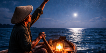 Seorang nelayan sedang menggunakan rasi bintang sebagai bagian dari teknik navigasi kampung nelayan saat malam hari.