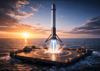 Ilustrasi roket masa depan yang dapat mendarat kembali secara vertikal setelah meluncurkan satelit ke luar angkasa.