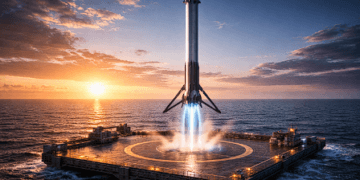 Ilustrasi roket masa depan yang dapat mendarat kembali secara vertikal setelah meluncurkan satelit ke luar angkasa.
