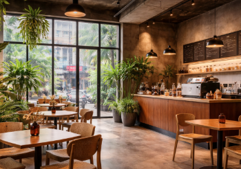 Suasana interior kafe modern dan estetik di Kota Medan tahun 2026.