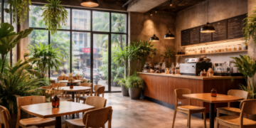 Suasana interior kafe modern dan estetik di Kota Medan tahun 2026.