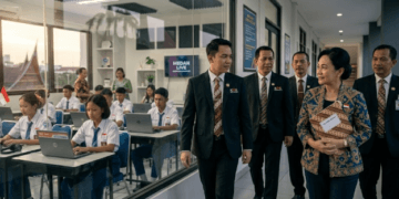 Anggota DPRD Jember sedang berdiskusi dengan kepala sekolah saat memantau pelaksanaan Tes Kemampuan Akademik SMP 2026.