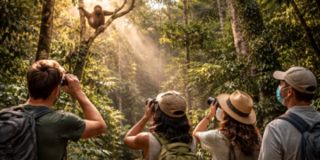 Wisatawan yang menerapkan etika wisata sehat untuk mendukung kesadaran masyarakat terhadap orangutan dan pelestarian alam.