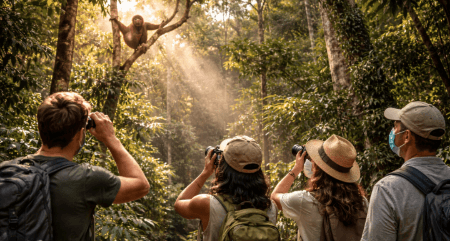 Wisatawan yang menerapkan etika wisata sehat untuk mendukung kesadaran masyarakat terhadap orangutan dan pelestarian alam.