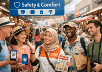 Seorang pemandu sedang memberikan Tips Belanja Aman Medan kepada sekelompok wisatawan yang ingin mengeksplorasi pasar tradisional.