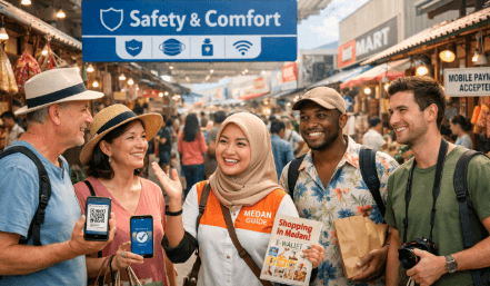 Seorang pemandu sedang memberikan Tips Belanja Aman Medan kepada sekelompok wisatawan yang ingin mengeksplorasi pasar tradisional.