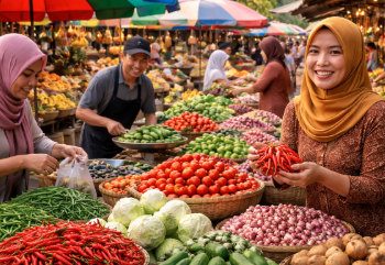Suasana ramai warga yang sedang melakukan aktivitas Belanja di Pasar Martubung Medan.