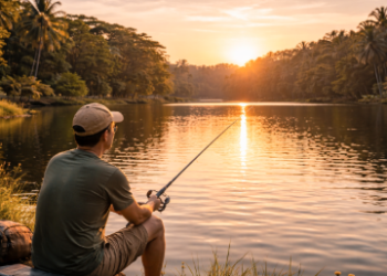 Seorang warga yang sedang menikmati waktu luang dengan Memancing di Danau Martubung.