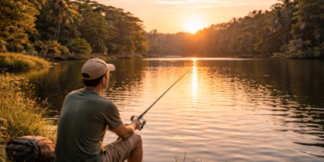 Seorang warga yang sedang menikmati waktu luang dengan Memancing di Danau Martubung.