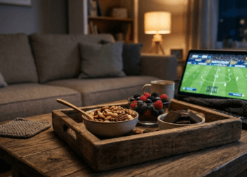 Menerapkan tips foto makanan estetik viral pada camilan sehat saat momen nonton bareng pertandingan besar.