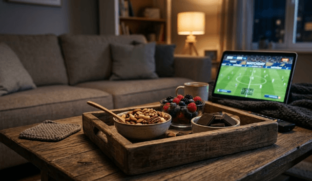 Menerapkan tips foto makanan estetik viral pada camilan sehat saat momen nonton bareng pertandingan besar.