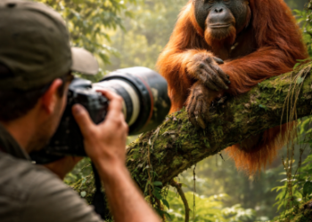 Penerapan tips fotografi orangutan secara etis untuk mendapatkan hasil foto yang berkualitas tinggi.