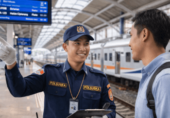 Petugas keamanan yang berjaga untuk memastikan kondisi tetap aman di Stasiun Medan bagi seluruh penumpang.