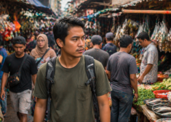 Seorang pengunjung yang menerapkan tips agar tetap Aman di Pajak Sambu Medan.