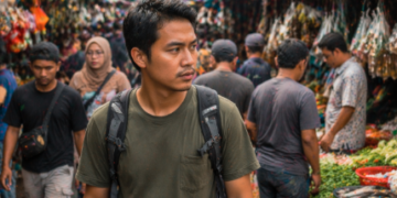 Seorang pengunjung yang menerapkan tips agar tetap Aman di Pajak Sambu Medan.