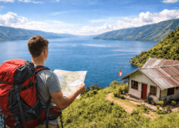 Seorang backpacker sedang merencanakan liburan hemat ke Danau Toba sambil menikmati pemandangan alam yang megah.