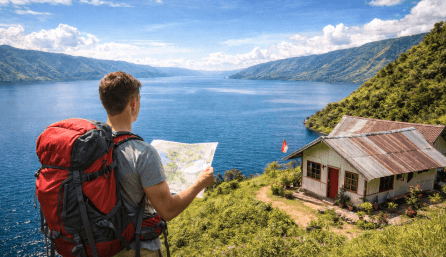 Seorang backpacker sedang merencanakan liburan hemat ke Danau Toba sambil menikmati pemandangan alam yang megah.