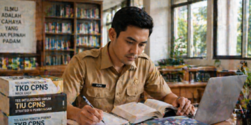 Foto pendidik muda fokus belajar simulasi ujian komputer demi kelulusan seleksi pegawai negeri sipil,