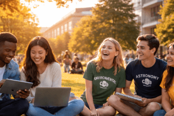 Mahasiswa sedang menikmati dinamika Kehidupan Kampus 2026 yang menyeimbangkan antara diskusi serius dan interaksi sosial yang hangat.