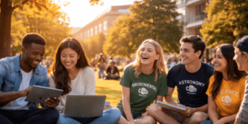 Mahasiswa sedang menikmati dinamika Kehidupan Kampus 2026 yang menyeimbangkan antara diskusi serius dan interaksi sosial yang hangat.