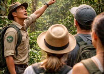 Seorang pemandu di Bukit Lawang yang berlisensi sedang memberikan penjelasan edukasi kepada wisatawan.