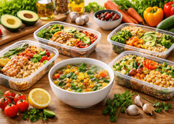 Susunan menu sehat keluarga dan bekal praktis di meja makan modern.