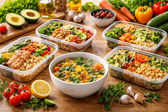 Susunan menu sehat keluarga dan bekal praktis di meja makan modern.