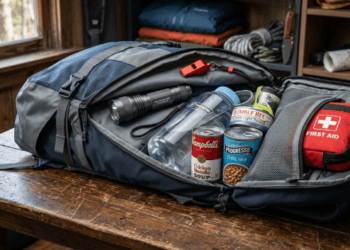 Seseorang sedang mempraktikkan tips menyusun tas siaga bencana dengan memasukkan perlengkapan medis ke dalam ransel tahan air.