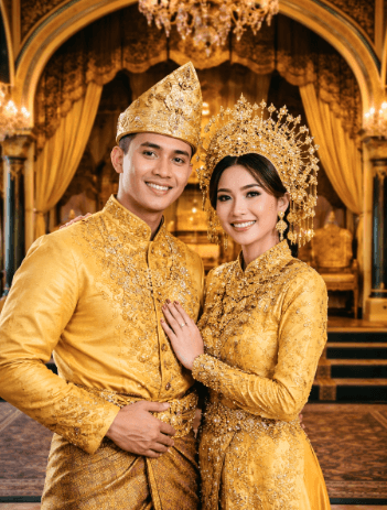 Pengalaman seru Wisata Istana Maimun saat pengunjung mencoba pakaian adat khas Kesultanan Deli.