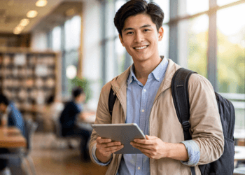 Mahasiswa berprestasi sedang mempersiapkan pendaftaran beasiswa dan karir impian tahun 2026 di perpustakaan.