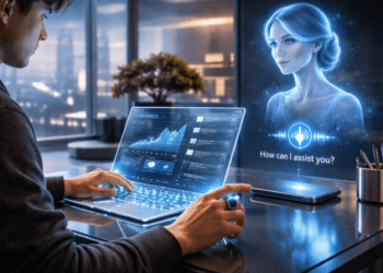 Penggunaan teknologi asisten AI canggih dan laptop modern untuk meningkatkan efisiensi kerja.