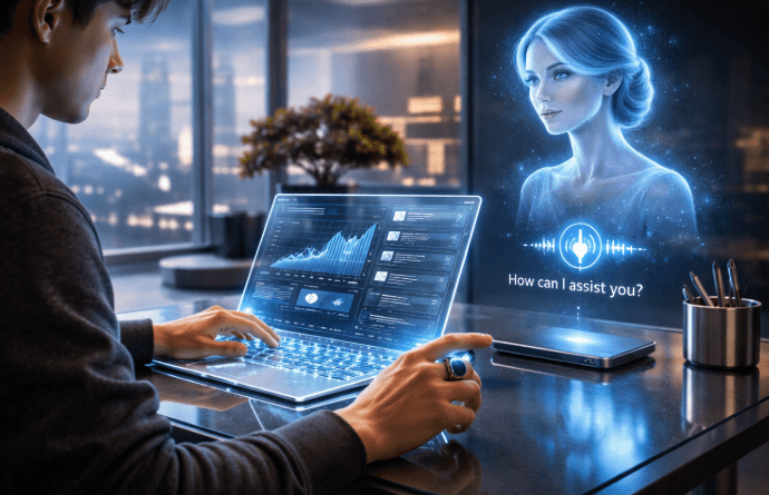 Penggunaan teknologi asisten AI canggih dan laptop modern untuk meningkatkan efisiensi kerja.