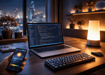 Ruang kerja minimalis modern yang memanfaatkan berbagai teknologi pintar terbaru.