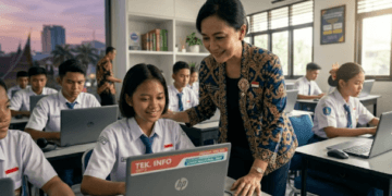 Bupati Ipuk Fiestiandani saat meninjau langsung kesiapan perangkat komputer di salah satu SMP di Banyuwangi.