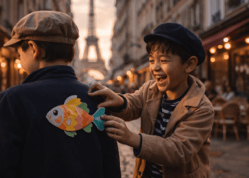 Gambaran keceriaan anak-anak dalam menjalankan Tradisi Poisson d’Avril di Prancis dengan cara menempelkan gambar ikan kertas harian.