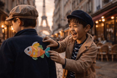 Gambaran keceriaan anak-anak dalam menjalankan Tradisi Poisson d’Avril di Prancis dengan cara menempelkan gambar ikan kertas harian.