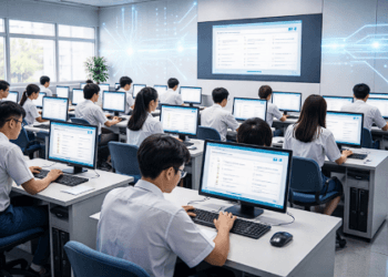 Gambaran transformasi digital dalam pelaksanaan TKA melalui penggunaan lab komputer yang modern dan sistem terintegrasi.