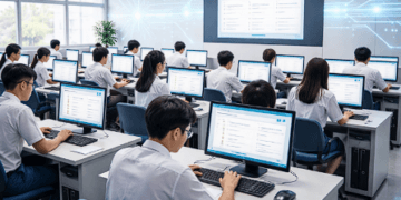 Gambaran transformasi digital dalam pelaksanaan TKA melalui penggunaan lab komputer yang modern dan sistem terintegrasi.